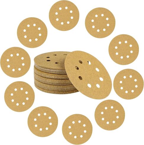 5-Inch 8-Hole Hook and Loop Gold Sanding Discs, Box of 50 Sandpaper Include 60 80 120 150 and 220 Grits in Saudi Arabia