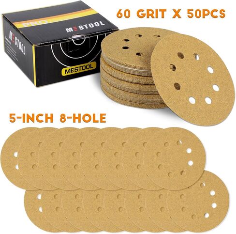 5-Inch 8-Hole Hook and Loop Gold Sanding Discs, Box of 50 Sandpaper Include 60 80 120 150 and 220 Grits in Saudi Arabia