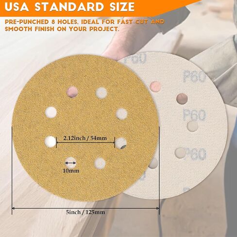 5-Inch 8-Hole Hook and Loop Gold Sanding Discs, Box of 50 Sandpaper Include 60 80 120 150 and 220 Grits in Saudi Arabia