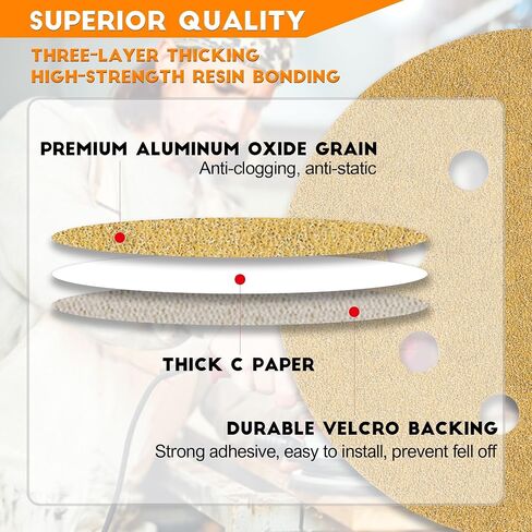 5-Inch 8-Hole Hook and Loop Gold Sanding Discs, Box of 50 Sandpaper Include 60 80 120 150 and 220 Grits in Saudi Arabia