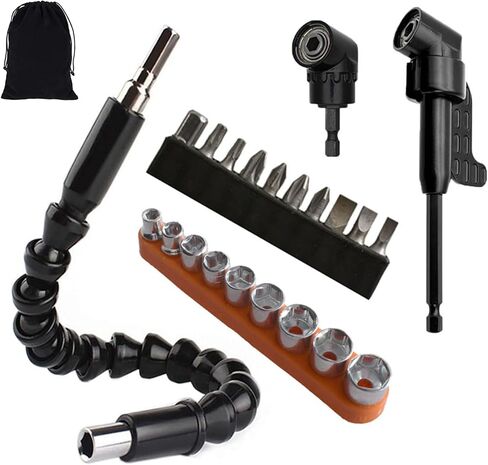 22Pcs Flexible Drill Bit Extension Set,Includes 105°Right Angle Drill Adaptor,360° Rotatable 11.7Inch Bit,10 Screwdriver Bit Kit,9 Hex Drive Socket,Tools Gifts for Men (Black) in Saudi Arabia