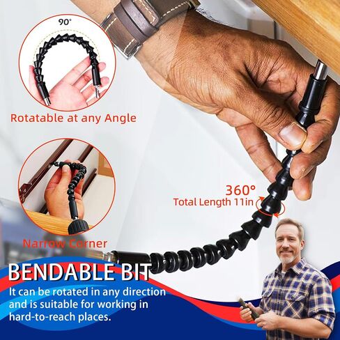 22Pcs Flexible Drill Bit Extension Set,Includes 105°Right Angle Drill Adaptor,360° Rotatable 11.7Inch Bit,10 Screwdriver Bit Kit,9 Hex Drive Socket,Tools Gifts for Men (Black) in Saudi Arabia