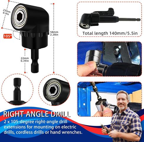 22Pcs Flexible Drill Bit Extension Set,Includes 105°Right Angle Drill Adaptor,360° Rotatable 11.7Inch Bit,10 Screwdriver Bit Kit,9 Hex Drive Socket,Tools Gifts for Men (Black) in Saudi Arabia