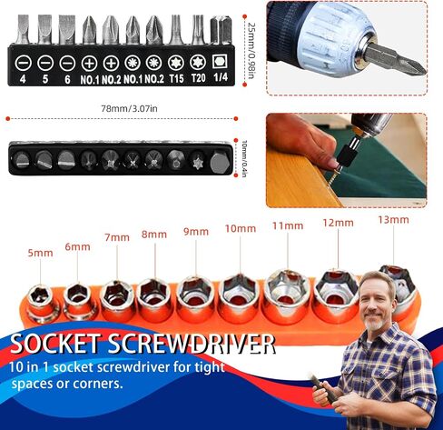 22Pcs Flexible Drill Bit Extension Set,Includes 105°Right Angle Drill Adaptor,360° Rotatable 11.7Inch Bit,10 Screwdriver Bit Kit,9 Hex Drive Socket,Tools Gifts for Men (Black) in Saudi Arabia