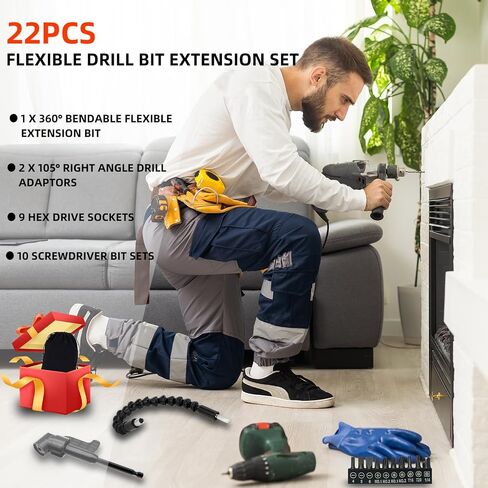 22Pcs Flexible Drill Bit Extension Set,Includes 105°Right Angle Drill Adaptor,360° Rotatable 11.7Inch Bit,10 Screwdriver Bit Kit,9 Hex Drive Socket,Tools Gifts for Men (Black) in Saudi Arabia