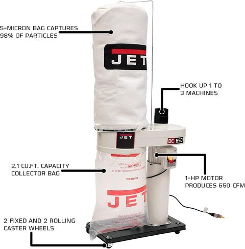 JET Dust Collector, 650 Series, 5-Micron Bag Filter, 1 HP, 115/230V 1Ph (Model DC-650MK) in Saudi Arabia