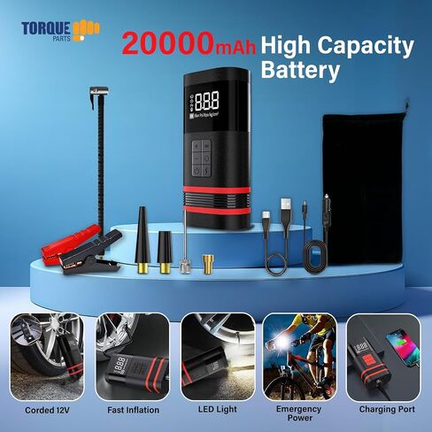 TORQUE Portable Tire Inflator Air Compressor for Car and Truck Pump, Compact Auto Inflator Electric Cordless Inflator Tire Pump, 20000mA Rechargeable Air Inflator 150 PSI Tire Compressor (TR2011AS) in Saudi Arabia