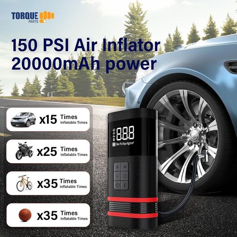 TORQUE Portable Tire Inflator Air Compressor for Car and Truck Pump, Compact Auto Inflator Electric Cordless Inflator Tire Pump, 20000mA Rechargeable Air Inflator 150 PSI Tire Compressor (TR2011AS) in Saudi Arabia