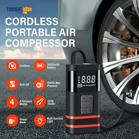 TORQUE Portable Tire Inflator Air Compressor for Car and Truck Pump, Compact Auto Inflator Electric Cordless Inflator Tire Pump, 20000mA Rechargeable Air Inflator 150 PSI Tire Compressor (TR2011AS) in Saudi Arabia