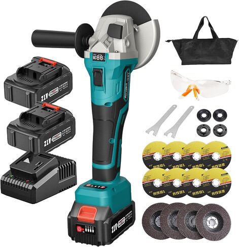 Cordless Angle Grinder 2X4.0AH Batteries, 21V Power Angle Grinder Tools with Fast Charger, 9000 RPM Brushless Motor Metal Grinder, 4-1/2'' Cutting Wheels, Flap Disc for Cutting, Grinding in Saudi Arabia