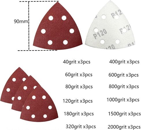 36pcs Triangular Sanding Padpapers 3-1/2in with 1pcs 90mm Triangle Oscillating Sanding Pads,1pcs Foam Interface Pad,Assorted 40-2000 Grits Oscillating Hook & Loop Multi Tool Sanding Pad in Saudi Arabia