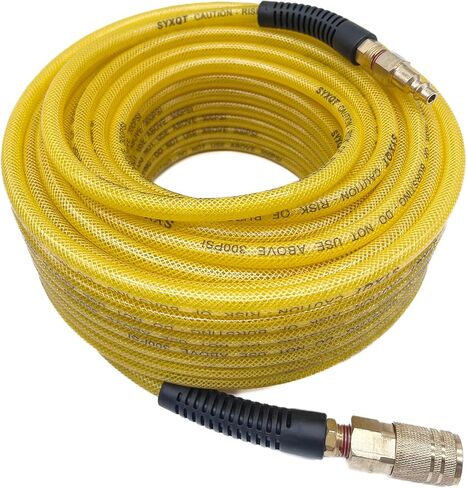 خرطوم هواء مقوى من مادة البولي يوريثين (PU) مقاس 1/4 بوصة × 100 قدم، مع وصلة توصيل سريعة صناعية دوارة مقاس 1/4 بوصة ومقبس، ومقيد للانحناء، أصفر in Kuwait