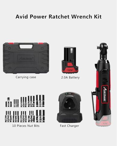 مجموعة مفاتيح ربط السقاطة الكهربائية اللاسلكية AVID POWER 3/8 بوصة، 50 نيوتن متر (37 قدمًا - رطل) 12 فولت مع شاحن سريع لمدة ساعة واحدة، بطارية 2.0 أمبير، سرعة متغيرة، 10 مقابس in Kuwait