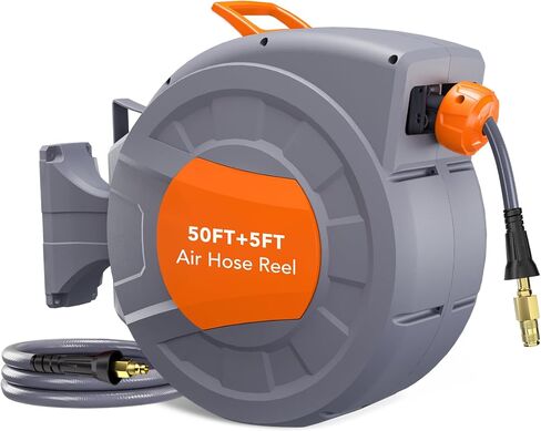 Retractable Air Hose Reel 82 FT x 3/8 IN with 6 FT Lead in Max 300 PSI, 180° Swivel Bracket Wall Mount Hybrid Air Compressor Hose Reel with Quick Coupler for Garage Workshop in Saudi Arabia