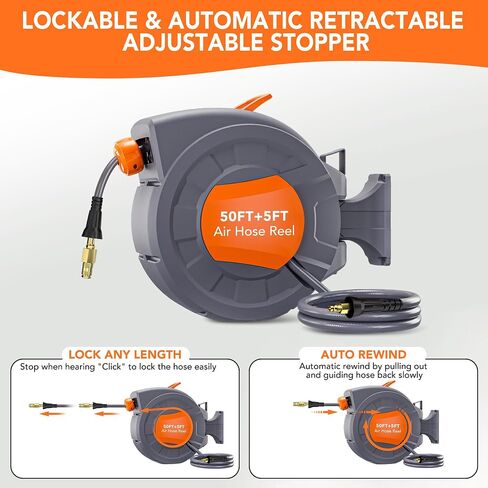 Retractable Air Hose Reel 82 FT x 3/8 IN with 6 FT Lead in Max 300 PSI, 180° Swivel Bracket Wall Mount Hybrid Air Compressor Hose Reel with Quick Coupler for Garage Workshop in Saudi Arabia