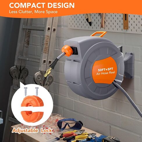 Retractable Air Hose Reel 82 FT x 3/8 IN with 6 FT Lead in Max 300 PSI, 180° Swivel Bracket Wall Mount Hybrid Air Compressor Hose Reel with Quick Coupler for Garage Workshop in Saudi Arabia