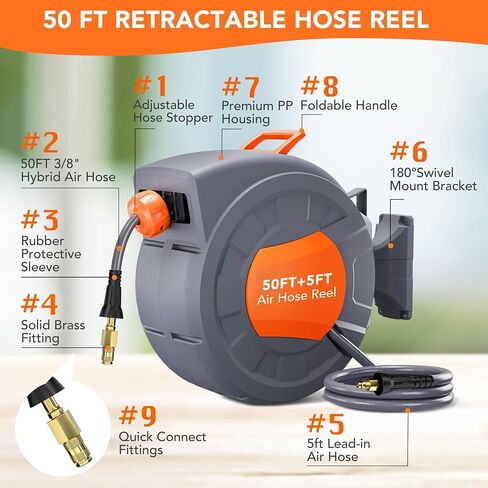 Retractable Air Hose Reel 82 FT x 3/8 IN with 6 FT Lead in Max 300 PSI, 180° Swivel Bracket Wall Mount Hybrid Air Compressor Hose Reel with Quick Coupler for Garage Workshop in Saudi Arabia