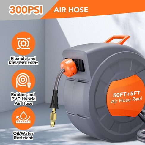 Retractable Air Hose Reel 82 FT x 3/8 IN with 6 FT Lead in Max 300 PSI, 180° Swivel Bracket Wall Mount Hybrid Air Compressor Hose Reel with Quick Coupler for Garage Workshop in Saudi Arabia