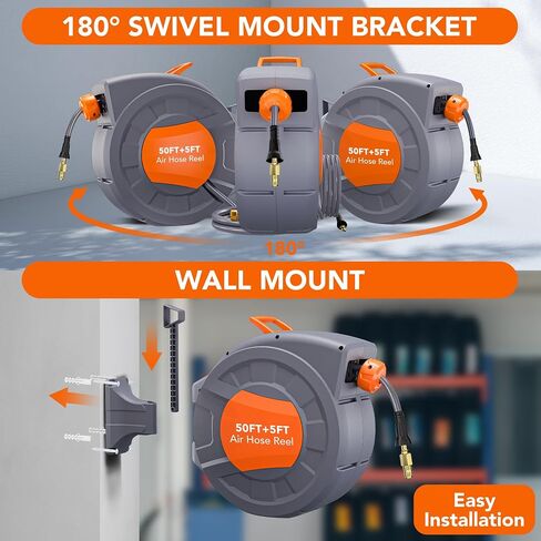 Retractable Air Hose Reel 82 FT x 3/8 IN with 6 FT Lead in Max 300 PSI, 180° Swivel Bracket Wall Mount Hybrid Air Compressor Hose Reel with Quick Coupler for Garage Workshop in Saudi Arabia
