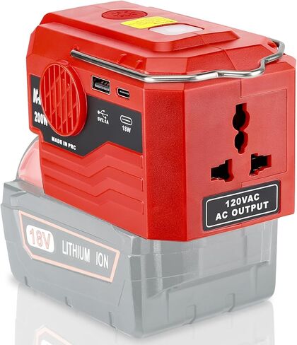 عاكس طاقة Hipoke لبطارية ليثيوم أيون Milwaukee M18 18 فولت، عاكس 20 فولت إلى 120 فولت مع منفذ USB، منفذ TYPE-C وإضاءة LED، محول جهد 200 واط تيار مستمر إلى تيار متردد للتخييم في حالات الطوارئ (أداة فقط) in Kuwait