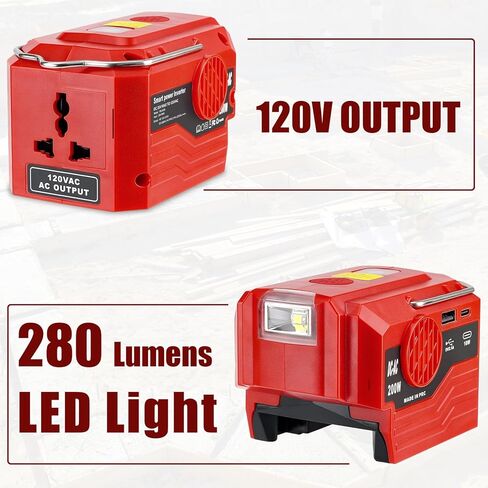 عاكس طاقة Hipoke لبطارية ليثيوم أيون Milwaukee M18 18 فولت، عاكس 20 فولت إلى 120 فولت مع منفذ USB، منفذ TYPE-C وإضاءة LED، محول جهد 200 واط تيار مستمر إلى تيار متردد للتخييم في حالات الطوارئ (أداة فقط) in Kuwait