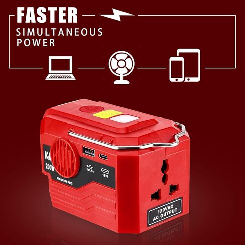 عاكس طاقة Hipoke لبطارية ليثيوم أيون Milwaukee M18 18 فولت، عاكس 20 فولت إلى 120 فولت مع منفذ USB، منفذ TYPE-C وإضاءة LED، محول جهد 200 واط تيار مستمر إلى تيار متردد للتخييم في حالات الطوارئ (أداة فقط) in Kuwait