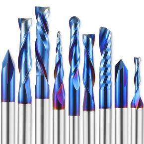 HQMaster 9PCS CNC Router Bits 1/4 Inch Shank Carving Bit 9Pcs Set for Wood Detail Profile V Groove Engraving Solid Carbide CNC Router Bit Collection