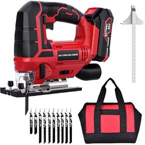 Jig Saw - 20V Cordless Jigsaw with Battery and Charger 2700 SPM Rechargeable Jigsaw with 10pcs Cutting Blades Bevel Angle (±45°) Variable Speed and 4 Orbital Function for Straight/Curve/Circle Cutting
