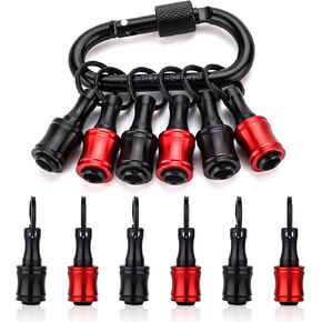 katerk 6pcs Red&Black Bit Holder with Carabiner Socket for Mens Gift, 1/4 inch Hex Shank Aluminum Alloy Screwdriver Bit Holders, Quick Release Easy Change Impact Driver Drill Bit Keychain Extension