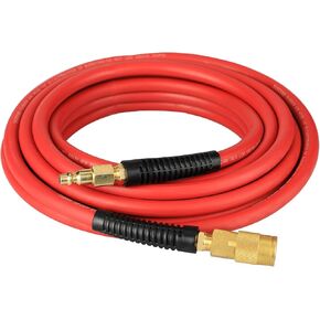 YOTOO Heavy Duty Rubber Air Hose 1/4-Inch by 25-Feet, 300 PSI Air Compressor Hose with 1/4" Industrial Solid Brass Quick Coupler, Plug and Bend Restrictors, Red