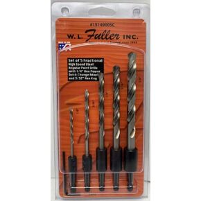 Set of 5 Fractional High Speed Steel Regular Point Drills with 1/4" Hex Quick Change & 3/32" Hex Key, 1/8", 3/16", 1/4", 5/16", 3/8"bits, W. L. Fuller, Made in The USA