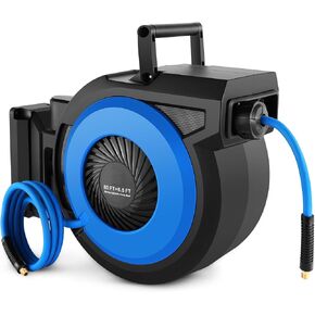 Retractable Air Hose Reel 100FT + 6.5FT, Heavy Duty 3/8" x 100FT Hybrid Air Compressor Hose Reel, Automatic Rewind, 300PSI Wall Mount Hose Reel with Brass Fittings for Garage Workshop in Kuwait