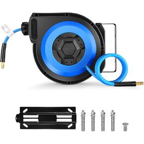 Retractable Air Hose Reel, 80FT + 6.5FT Wall Mount Penumatic Hose Reel for Garage Workshop, Automatic Rewind, 3/8" x 80' Hybrid Air Hose with Brass Fittings + Bend Restrictors, 300PSI