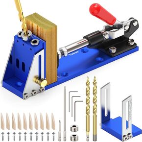 Pocket Hole Jig Tool Kit, Pocket Hole Drill Guide Jig Set for 15° Angled Holes, All-Metal Pocket Screw Jig, Adjustable & Easy to Use Complete Kit of Drill Guide (Klein Blue)