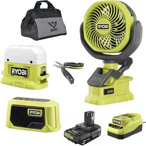 Buho Cordless 4 Tool Accessory Bundle - Ryobi Clamp Fan Area Light Bluetooth Speaker Multi Tool 18V Battery Charger Tool Bag - Combo Kit Ideal for Outdoor Camping or Emergencies
