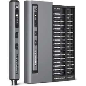 AM ARROWMAX مفك براغي كهربائي صغير، 4 إعدادات عزم دوران مفك براغي دقيق مع 34 لقمة مغناطيسية، تخزين مغناطيسي، 5/32 بوصة سداسية، مجموعة أدوات إصلاح لكاميرا الهاتف وساعة الكمبيوتر المحمول (SES) رمادي