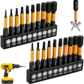 20Pcs Impact Hex Head Allen Wrench Drill Bit Set, SAE and Metric 1/4" Hex-Shank S2 Alloy Steel Hex Bit Kit, 2" Long Magnetic Quick Release Hex Shank Screw Driver Drill Bit Repair Tool for Home Repair