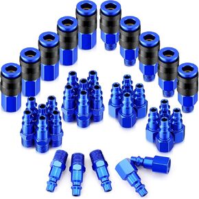 35 Pieces Air Hose Fittings 1/4" NPT Aluminum Air Coupler and Plug Kit Air Tool Fittings Heavy Duty Air Fittings Universal Air Compressor Accessories, Blue