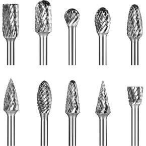 Carbide Burr Set 10pcs Die Grinder Bits 1/4"(6.35MM) Shank Double Cut Tungsten Carbide Rotary Burr Compatiable with Most Rotary Tools for Die Grinder Steel Welds Wood Carving Cutting Polishing