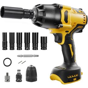 Cordless Impact Wrench Compatible with 20V Dewalt Max Battery, 600N.m 1/2-Inch Mid-Range and 3/8-inch High Torque Impact Wrench with 6 Pcs Drive Impact Sockets, Brushless Powerful Motor(No battery)