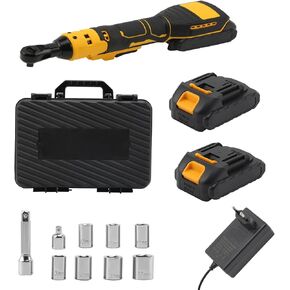 LASIEYO Cordless Electric Ratchet Wrench, 21V Cordless Ratchet Wrench 3/8 Set with 2.0Ah Lithium-ion Batteries Sockets 1/4 inch Adapter 3 inch Extension Bar, Cordless Ratchet with LED Light