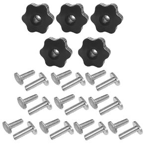 T Bolts and Knobs Set | 5 pcs 6-Star Clamping knobs with 20 pcs M8 T Slot Bolts for T Track Accessories, Feather Boards, Woodworking jigs and fixtures (M8-1.25x1-1/2")