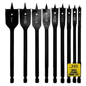 JNB Pro Spade Drill Bit Set - Sizes 1/4", 5/16", 3/8", 1/2", 9/16", 5/8", 3/4", 7/8" and 1 Inch Spade Drill Bit - Quick Change Hex - Paddle Bits Drill Set Tool Kit, Woodworking Tools - 9 Pieces Pack