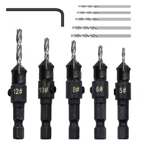 Countersink Drill Bit Set 5Pcs 1/4 inch Hex Shank Countersink Drill Bit 5Pcs Replacement HSS Drill Bits with Allen Wrench for #5#6#8#10#12 Screws