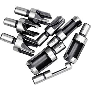 Wood Plug Cutter Drill Bit Set with 3/8 Round Shank Woodworking Chamfer Drill Bits Straight and Tapered Taper 5/8" 1/2" 3/8" 1/4" Cutting Tool, 8Pcs