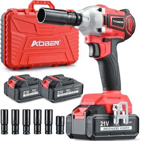 AOBEN Cordless Impact Wrench 1/2 inch,21V 300N.m Brushless Impact Gun with 2X 4.0Ah Battery,Charger & 6 Sockets,Electric Impact Wrench for Car Home (2 battery)