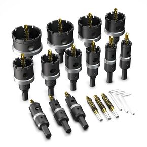 19PCS Tungsten Carbide Hole Saw Kit, 5/8" - 2-1/8" TCT Hole Cutter Set with Titanium-Plated Pilot Drill Bit for Metal, Stainless Steel, Iron, Wood, Plastic - Matte Black Finish