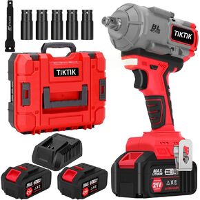 TIKTIK 1000N.m Cordless Impact Wrench 1/2 Inch,740 Ft-lbs Brushless High Torque Impact Gun with 2 * 4.0Ah Battery, 5 Drive Impact Sockets& Fast Charger,21V Electric Impact Driver for Car Tire Mower