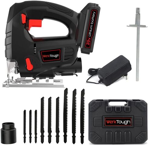 20v Cordless Jigsaw Tool Kit,Big Size 100(8) mm,Quick Release Blade,Pendulum Function, 0-45°Adjustable Cutting Bevel,2000MA Li-ion Battery With 1 Hour Fast Charger,9pcs Free Blade in Saudi Arabia