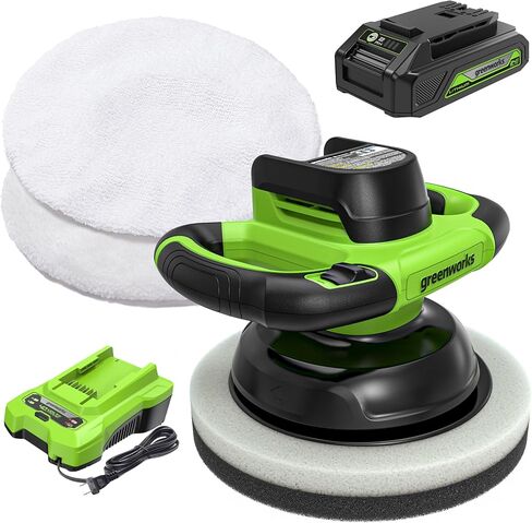 Greenworks 24V Powerful 10" Cordless Orbital Buffer, 10-inch pad 2800 RPM waxing machine with 4 Buffing Bonnets, 2.0Ah Battery & 2A Charger included in Saudi Arabia